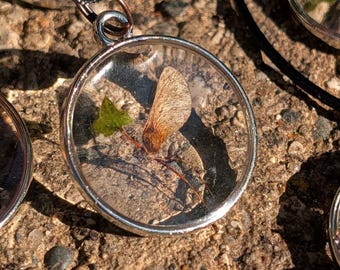 May include: A collection of circular pendants featuring clear resin encasing dried maple seeds and small green leaves. Each pendant is framed in a silver-toned metal bezel and hangs from a thin black cord, showcasing natural botanical elements.