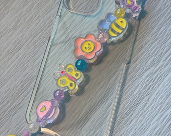 Kawaii Beaded Phone Charm, Enamel Acrylic Beads, Bee, Candy, Flower