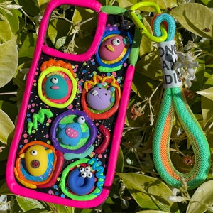 Kawaii Decoden Phone Case, Cute Little Monsters, Neon Colors, With a Phone Chain, Decoden cream, Handmade craft, personalized gift