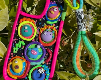 Kawaii Monster Decoden Phone Case, Neon Colors, with Phone Chain, Handmade