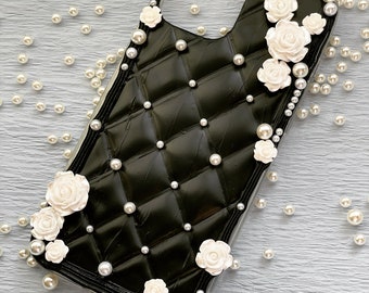 Handmade Decoden Phone Case, Black Quilted, Pearls and Camellia