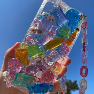 Decoden phone case, Crystal candies, gummy bear and jelly cream with confetti, Custom-made, Cute and kawaii, Birthday and valentines gifts