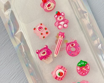 10 PCs Cute Strawberry Charms, Strawberry Bear Theme, Decoden Cabochons, Flatback Decoden Supplies.