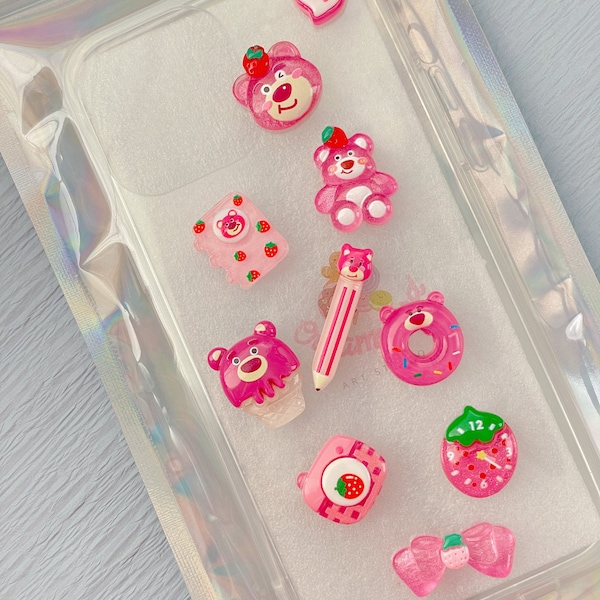 10 piezas de dijes de resina con forma de oso de fresa, suministros de bricolaje de Decoden