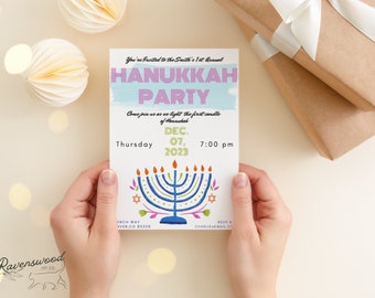 Hanukkah Party "Bright & Bold Menorah" Editable Invitation Template, Instant Download