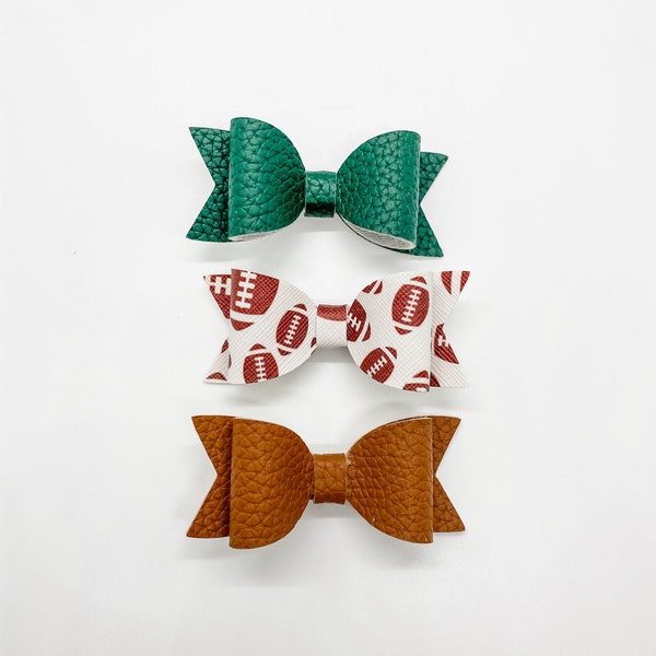 Faux leather bow, classic bow, girls bow, girls hair bow, baby bow - Green, Football Print, Brown