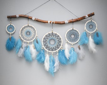 5 blue and white boho dreamcatchers hanging in the bedroom, Boho dreamcatcher, native dreamcatcher, boho home decor, gift for mom.