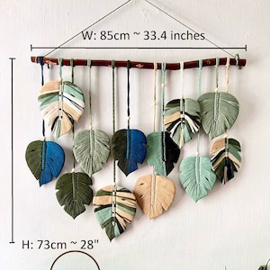 Decoração de parede feita à mão com folhas de Monstera, decoração de parede em macramê com folhas verdes, decoração escandinava, decoração de berçário boho, presente para casa nova, presente para o dia das mães