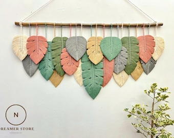 Colgante de pared con hojas de macramé, colgante de pared de macramé, arte de pared verde, decoración del hogar boho, regalos para el nuevo hogar, decoración de estilo rústico, estilo moderno de mediados de siglo