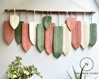 Hojas de macramé hechas a mano para colgar en la pared, colgante de pared de macramé bohemio, colgante de pared de plumas de macramé, regalo para mamá, decoración del hogar, decoración de guardería