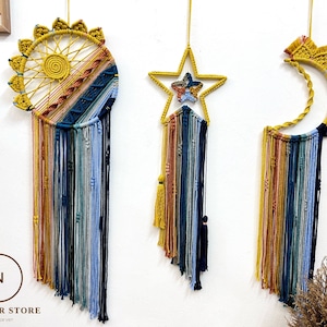 Scacciasogni Macramè Con Luna E Stella, Arazzo Da Parete Boho Con Nappe, Decorazione Fatta A Mano In Cotone E Legno, Regalo Per Cameretta E Matrimonio - 2