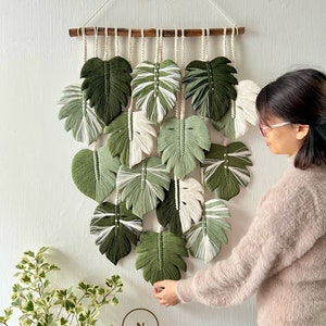 モンステラの葉の壁掛けマクラメ、大きな葉のマクラメ壁アート、マクラメ壁アート、壁のタペストリー、壁に描かれたマクラメの葉の絵画
