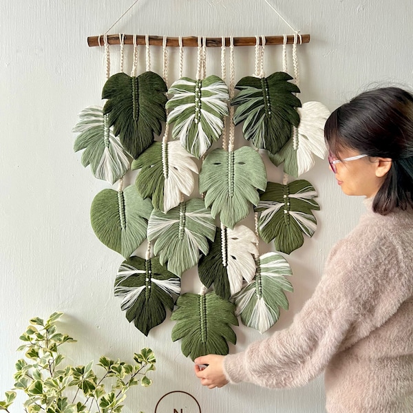 Monstera leaf wall hanging macrame, large leaf macrame wall art, macrame wall art, wall tapestries, macrame leaf painting on the wall