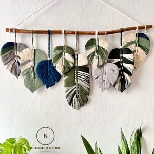 Decoração de parede feita à mão com folhas de Monstera, decoração de parede em macramê com folhas verdes, decoração escandinava, decoração de berçário boho, presente para casa nova, presente para o dia das mães