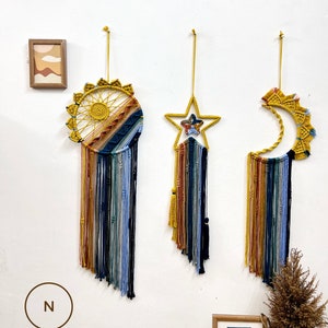 Makramee Mond Stern Sonne Schlafzimmer Dekoration, Geburtstagsgeschenk, Freund Geschenk, Einweihungsgeschenk, Boho Schlafzimmer Dekoration