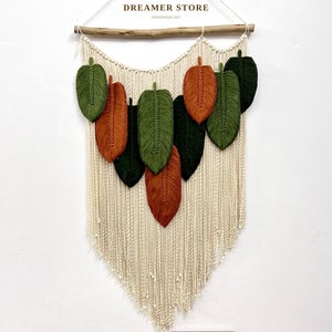 Large leaf macrame wall hanging, Wall Hanging, Nature Wall Art, Green Wall Art, Painting of Macrame Leaves On The Wall, Plant Christmas Gift