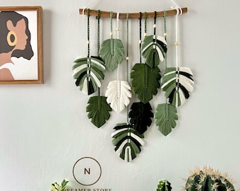 Monstera leaf boho wall hanging,  Macrame Leaves Wall Art, Fathers Day Gift, Rustic Wall Decor, Tropical, Green Decor.