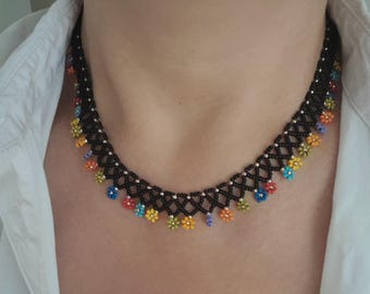 Black Beaded Collar Necklace Choker Collar Necklace Daisy Beaded Collar Neckkace