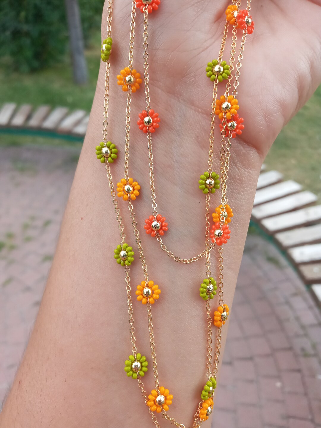 ★VINTAGE HOLLYWOOD★ Nature Daisy Beads Necklace Daisy Beaded Choker Necklace, Summer Choker, Flower Chain
