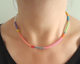 Handwoven Multicolor Beaded Necklace, Tubular Herringbone Necklace Beaded Rope Necklace