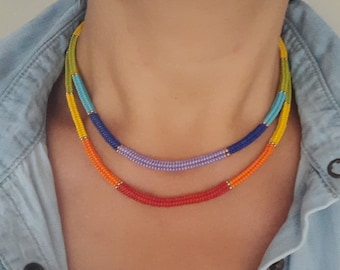 Handgewebte Perlen Halskette,Regenbogen Rohr Fischgrät Halskette,Multi Farben Perlenschmuck