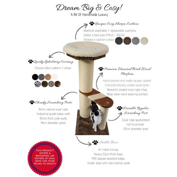 Luxury Cat Tree, Chunky Scratching Post - Handmade Cat Accesories, Cat Furniture, Natural Sisal Rope with Organic Catnip, Stable, Heavy Base