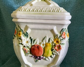 Vintage Pair of Ceramic Pottery Square Canister Fruit Floral Birds