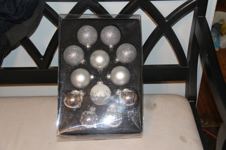 Santa/'s Quarters Holiday Ornaments White Frost Silver Glitter and Silver Shiny Nativity Scene