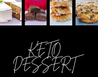 May include: A black and white graphic with the text "KETO DESSERT" in a handwritten font. The text is centred on a black background. Below the text is the text "BY CHRISTY MILLER OWNER OF TRIANGLE BAKERY". The image also includes four photos of keto desserts: a white cake, a stack of chocolate brownies, a stack of cinnamon rolls, and a chocolate chip cookie.