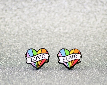 LGBT Valentine Earrings | Valentine Heart Earrings | Cute Wooden Valentine Studs