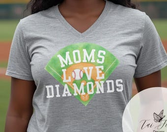 Moms Love Diamonds V-Neck Tee | Baseball Diamond Mom Shirt | Perfect Gift for The Baseball/Softball Mom
