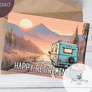 Nouvelles aventures, carte de retraite imprimable, téléchargement instantané carte 5x7 pouces pour la retraite, carte de retraite, retraite, camping-car, montagnes