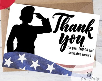 Military Female Saluting Retirement Card Printable, Instant Download 5x7 inch card for Retirement, Thank You for Your Service Card Printable
