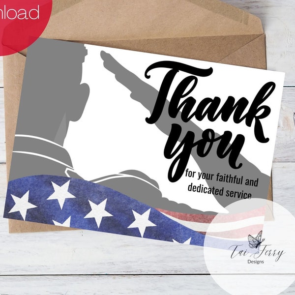 Military Saluting Retirement Card Printable, Instant Download 5x7 inch card for Retirement, Thank You for Your Service Card, Thank You Card