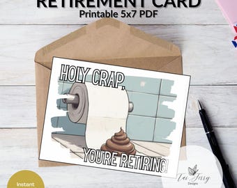 Funny Retirement Card – “Holy Crap, You’re Retiring!” Printable 5x7 PDF, (Digital Download), Coworker Farewell Card