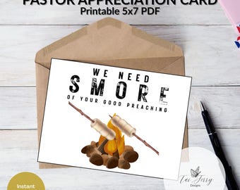Pastor Appreciation Card – Camping S’more Design Printable 5x7 PDF, Ministry Thank You Card, (Digital Download)