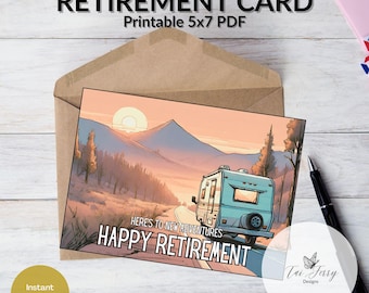 Camper Retirement Card – Mountain Adventure Printable 5x7 PDF, RV Retirement Card, (Digital Download)
