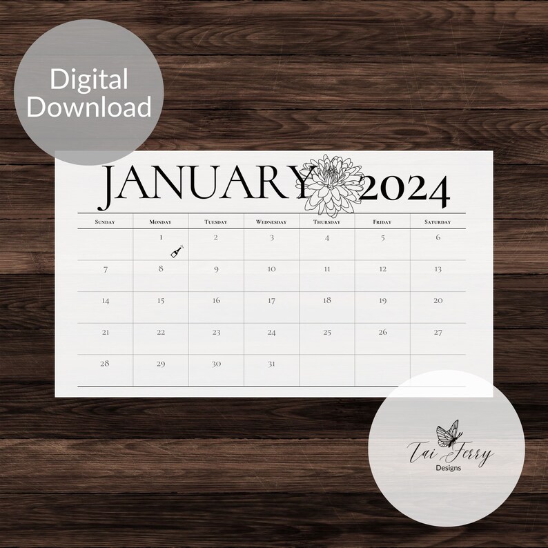 2024 Calendar, Printable Monthly Calendar, Digital Download, Monthly