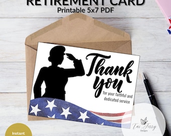 Military Retirement Card – Female Saluting Printable 5x7 PDF, Veteran Farewell Card, (Digital Download)
