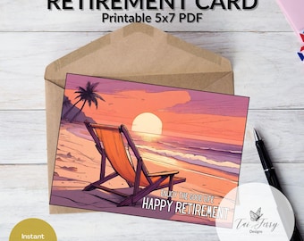 Beach Retirement Card – Coastal Design Printable 5x7 PDF, Relaxing Retirement Theme, (Digital Download)