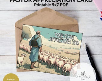 Pastor Appreciation Card – “Leading the Flock” Printable 5x7 PDF, Ministry Thank You Card, (Digital Download)