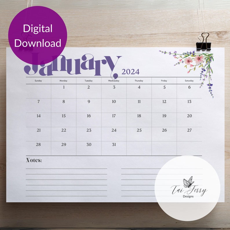 2024 Calendar, Printable Monthly Calendar, Digital Download, Monthly