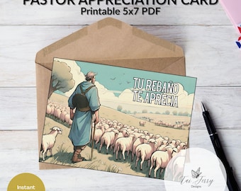 Spanish Pastor Appreciation Card – Printable 5x7 PDF, Ministry Thank You Card in Spanish, (Digital Download)