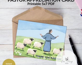 Pastor Appreciation Card – Sheep Design Printable 5x7 PDF, Ministry Thank You Card, (Digital Download)