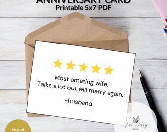 Wife Review Anniversary Card – Funny Printable 5x7 PDF, Marriage Review Card, (Digital Download)
