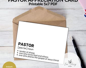 Pastor Appreciation Card – Definition Design Printable 5x7 PDF, Ministry Thank You Card, (Digital Download)