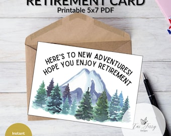 New Adventures Retirement Card – Mountain Wilderness Printable 5x7 PDF, Outdoor Theme, (Digital Download)