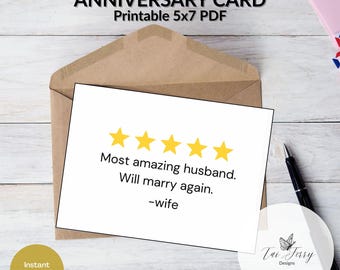 Husband Review Anniversary Card – Funny Printable 5x7 PDF, Marriage Review Card, (Digital Download)