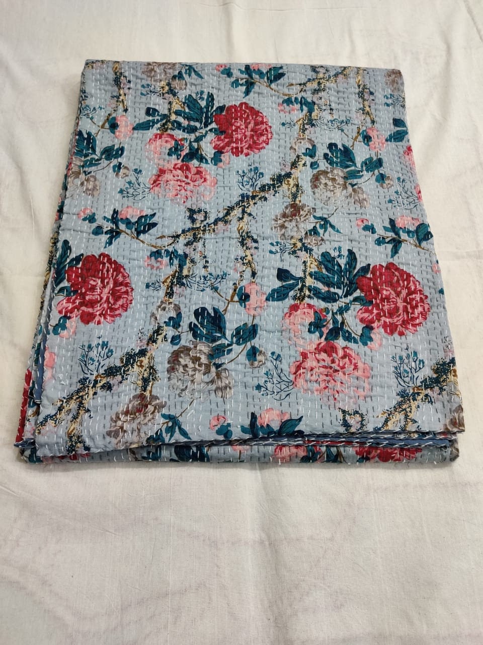 Queen Size Floral Hand Block Kantha Quilt 100% Cotton bedspread Indian HandBlock 