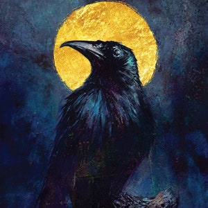 Golden Moon, Raven Art Print, Nat Jones, 12 by 18 inches, crow, black bird, crow print, raven painting, crow painting, witchcraft, moon,